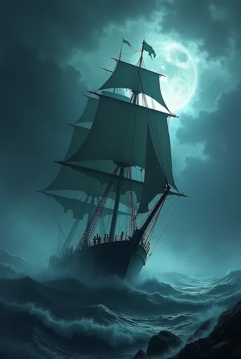 Ghost ship from 1880 ,  with their sails open navigating a nighttime storm on the high seas. Skull spirits can be seen 