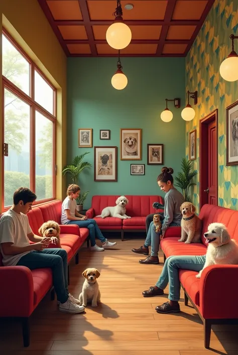 Waiting room in a pet spa with a retro decorative style