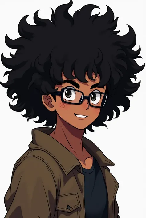 Make an anime-style man with black skin with curly hair all curly WHO DOESNT LOOK LIKE GOKU with black glasses and a white background, WITH ALL THE CURLY HAIR that has no smooth part and that does not look like a woman