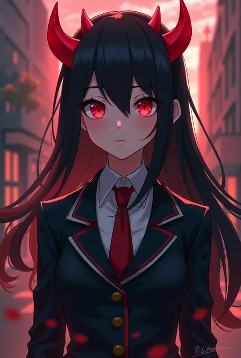 Anime girl with black hair red eyes and red devil horns wearing the My Hero Academia uniform