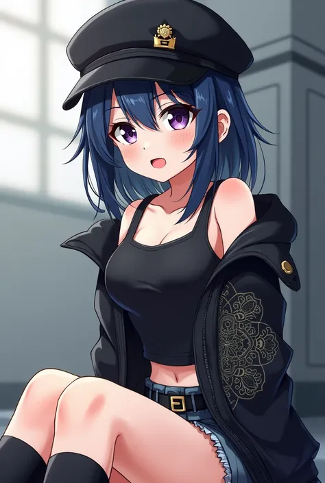  an anime girl with dark blue hair. with a black Russian cap . a black jacket mandalarga . a black sleeveless top .shorts .leg warmers .sitting