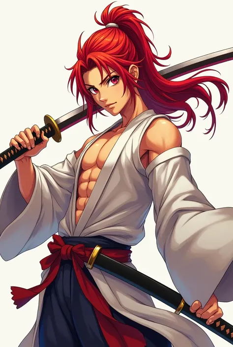  Musashi Miyamoto version of the manga vagabund verska 14-year-old teenager ,  Muscular body, muscular arms with a vein pulsing ,  long samurai clothing without a vest with nothing but the lower parts of the white samurai clothes ,  Long hair , red hair,  ...