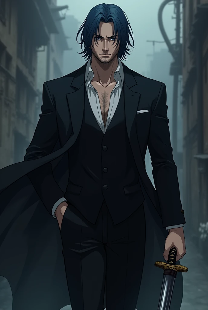  I want a guy in a black suit with medium hair,beard media, dark blue hair and beard ,  with a katana and styled from the anime Bleach  