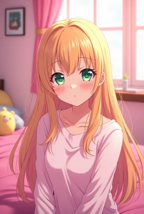 Make a high school anime in a pink room she is a virgin zodiac sign with blonde hair and green eyes