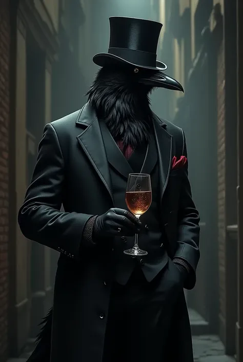 Crow with black overcoat black pants and black top hat on head with wine glass in hand at night 