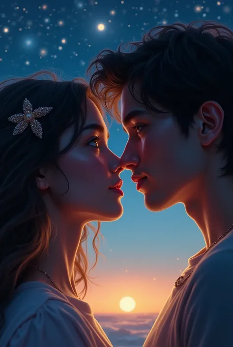 Close-up of a couple looking into each others eyes under starlight