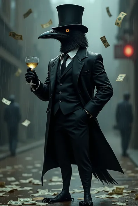 Crow with black overcoat black pants and black top hat on head with wine glass in hand at night raining money 