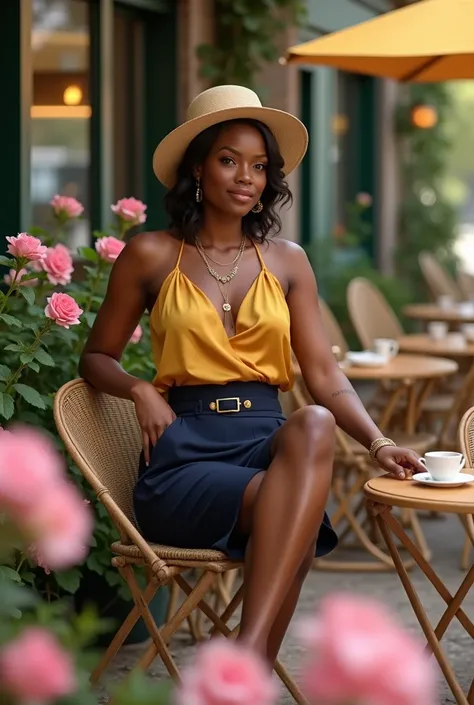 A curvaceous Black woman in a mustard yellow silk camisole tucked into high-waisted, tailored navy shorts with a sash belt. She wears block heels, a layered necklace, and a sunhat, her hair styled in a low, loose bun as she enjoys an outdoor café surrounde...