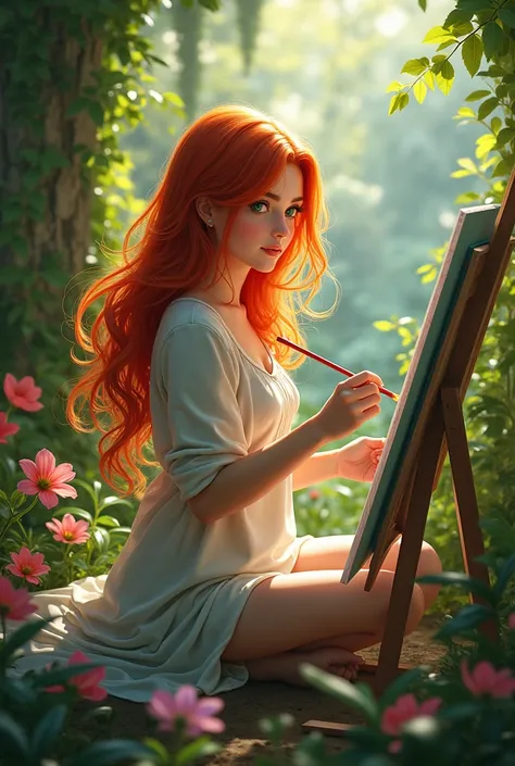 A woman with long red hair with green eyes sitting in a garden in front of a painting making paintings at a wide angle in 8k