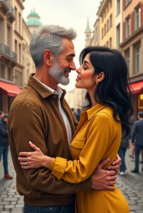  There is a 66-year-old man and a 54-year-old woman with black hair , a couple, hugging each other,  you are from Brusasul and she is wearing yellow jumpsuits and they are looking at each other and the brusa...