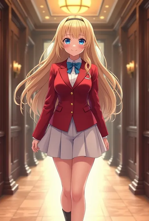 Schoolgirl girl. Curvy physique, big breasts, large chest (D cup bra). Small waist. Sweet smile. Blue eyes; Blonde hair, long, wavy, with a gradient fringe. Walks through the halls of an elite academy, she wears a formal red uniform with a short white skir...