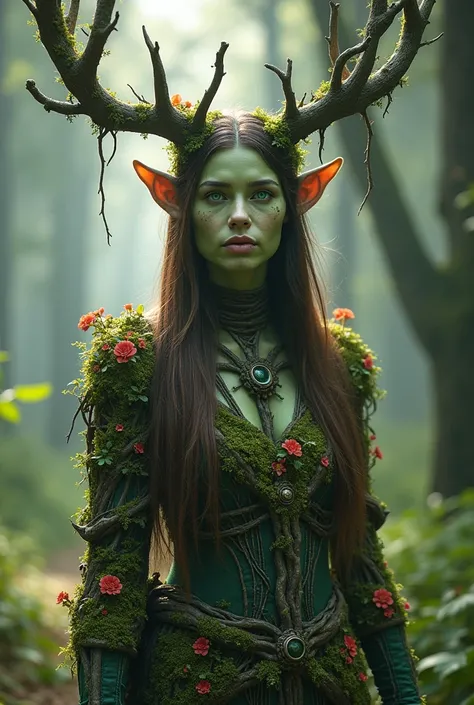 photo full-body, fusion with nature, wooden crown like elk antlers, appearing 40 years old): "Full-body image of a 40year-old elven shaman with green-tinted skin and glowing blue eyes. Her face shows age with high cheekbones and soft features. She has long...