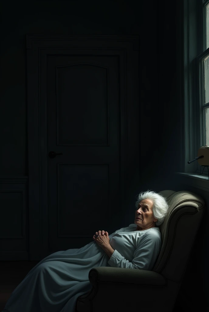 An elderly white-haired lady lying alone. A dark room 