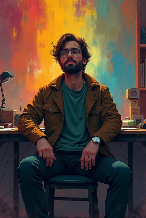 A 25 years old sad painted boy with light beard wearing glass sitting in a chair and background is multicolor painted  and a desktop is infront of him.