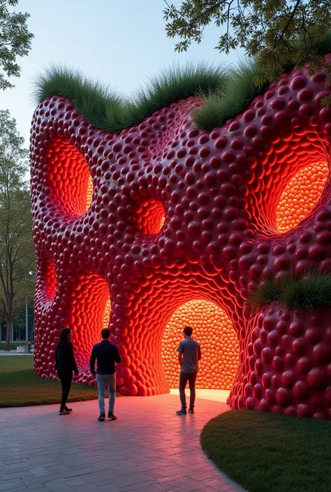 Construction of building with sour cherry core
Lighting Design: Incorporate LED lighting into the cherry pit structure to create a visually striking effect, especially in the evening hours.

Interactive Art Installation: Integrate interactive art

Green ro...