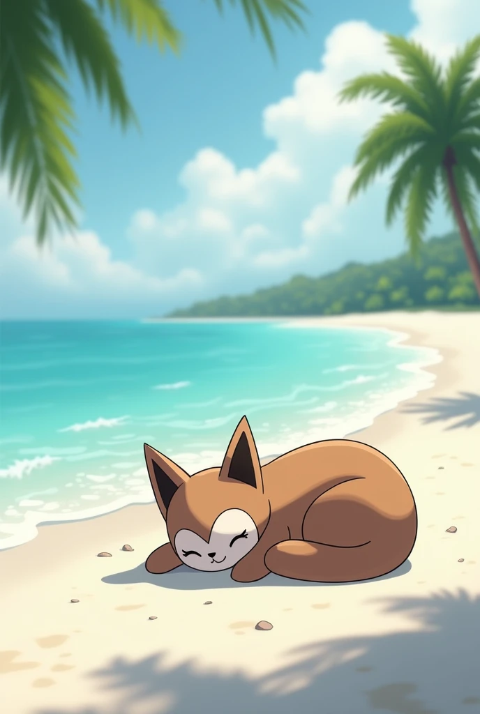 A Ramoloss sleeping on a white sand beach