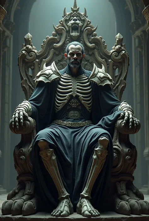 A picture of a king in his Castle. Wearing bones all over his body and a trone looking like its from a lion