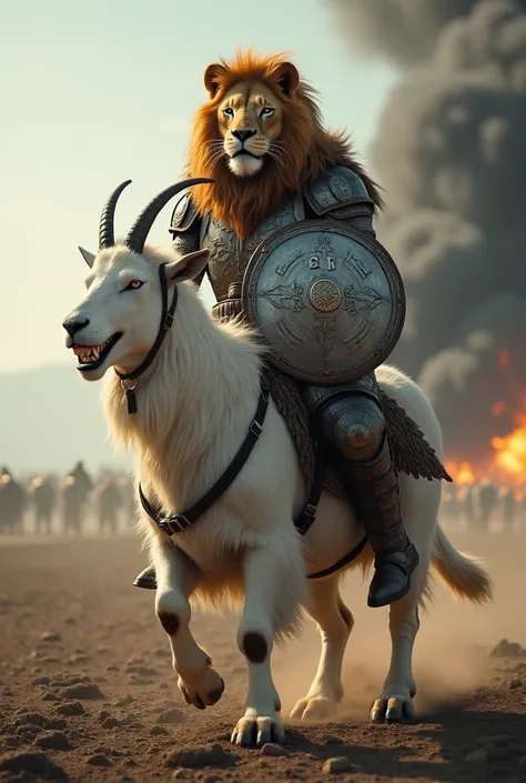 Photo sur un champ de bataille dun guerrier féroce  à tête de lion, en armure, avec un bouclier inscrit S2R, chevauchant une chèvre blanche qui sourit montrant ses dents avec des bagues dappareil dentaire 