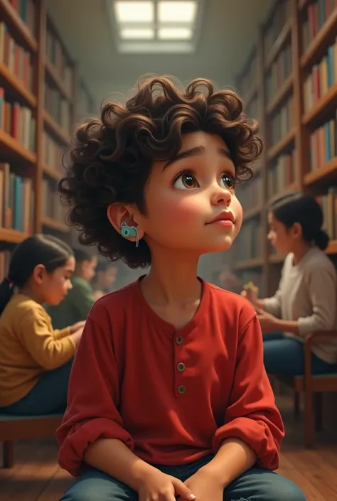 Five-year-old curly-haired fair-skinned boy with AASI hearing aid wearing a red blouse sitting in a library watching people walking from afar 