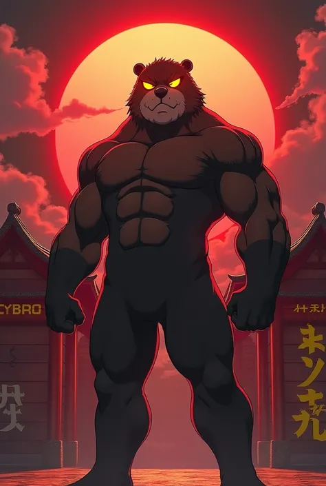 Tall muscular human superhero style beaver face Itachi uchija style aereodynamic golden dark lenses, on a Japanese stage , with a red sun and in a pagoda you can read the word CYBRO in the color Yellow 