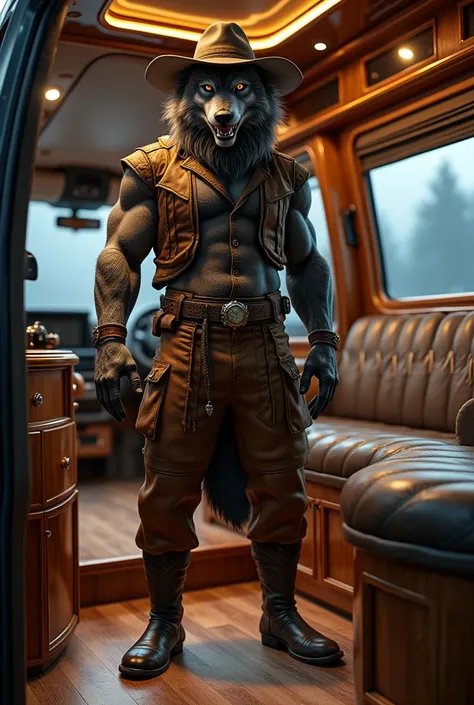 Cowboy wolf inside a luxury van 