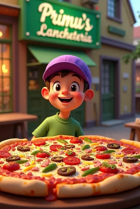 Create an image of an extremely juicy pizza ,  and a cartoon of a boy wearing a purple cap and written in green Primus Lancheteria , green shirt