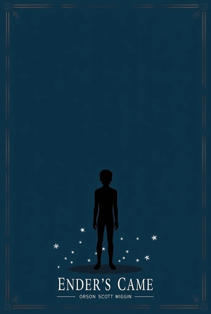 a book "Enders game "  Orson Scott Card , minimalist cover with a central composition , the title of the book and the author below ,  with the silhouette of the main character in the center and elements in the form of stars and perimeter patterns on a dark...