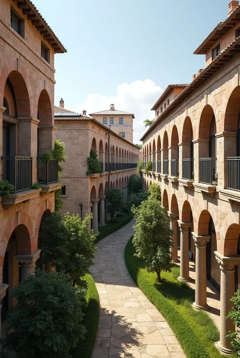 Design a residential complex in a city inspired by Ancient Rome. The buildings should have a mix of Roman-style facades with arches and columns, combined with modern glass elements. Include green balconies and rooftop solar panels for sustainability.