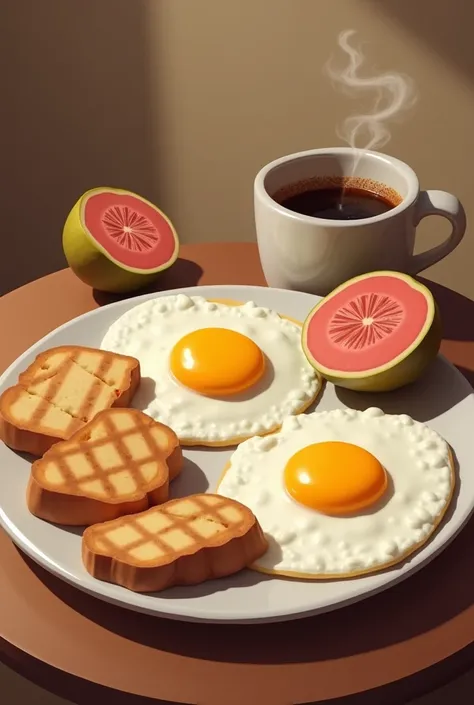 breakfast,  with fried eggs ,  I want grilled , 3 small toasts ,  a cup of black coffee and a guava cut in half 