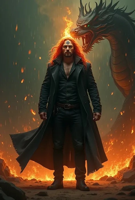 Black goat red eyes pentagram of fire on the forehead man green eyes long red hair overcoat open black pants black jeans and a Dragon at night falling fire from the sky 