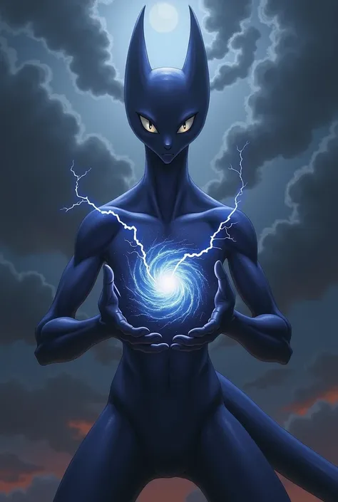 Mewtwo generating a dark ball with his hands in a dark and cloudy sky with rays