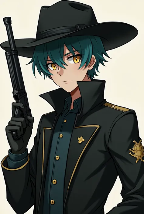 a  sheriff with dark teal short hair with pale and ahoge complexion, his eyes are a dark Yellow with black pupil, with thick eyelashes, he has a slim physique he wear a black cowboy hat,  and western black jacket, he hands a retro futuristic rifle made him...