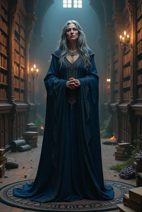  a traditional witch with gray hair in a dark blue long robe, She stands in an old-fashioned library 