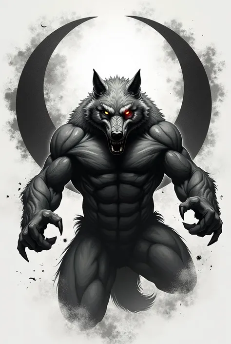 Half black and white wolf with a scar on his left eye angrily looking forward biting the sun and the moon 