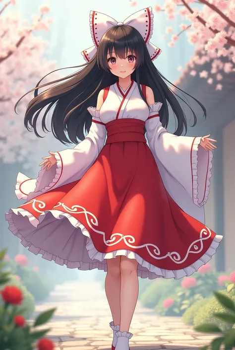 An exquisitely detailed CG artwork , which represents Hakurei Reimu, a lonely shrine maiden, in the highest quality.  with delicate white bow and socks,  big breasts, and wide hips,  This masterful illustration shows the beauty of female solo figures.