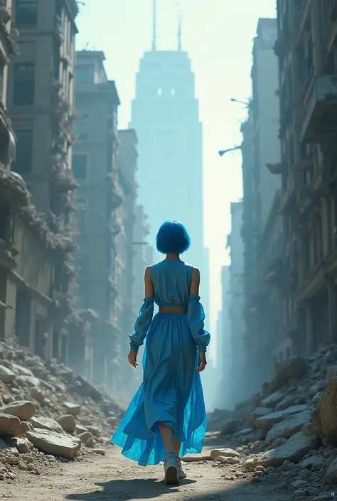 Ecena ,  shattered city , person: Woman with short blue hair , caminando por parte de atrás con ropa azul celeste que este por irse hacia la  shattered city  que se vea el cuerpo completo y la  shattered city  lejos