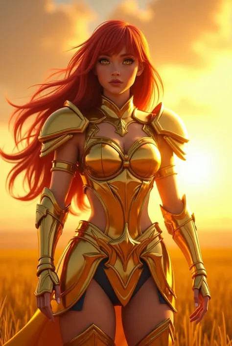 Create a highly realistic and cinematic 3D image of a female warrior  
wearing golden armor inspired by the anime series "Saint Seiya" (Knights of the Zodiac).  
The armor should be identical to the one used by the character Aiolia of Leo,  
featuring intr...