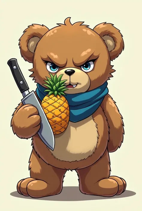  Make a sturdy teddy bear ,  with a blue scarf around his neck ,  eating a pineapple and holding a giant kitchen knife, He cant be cute ,  anime style  