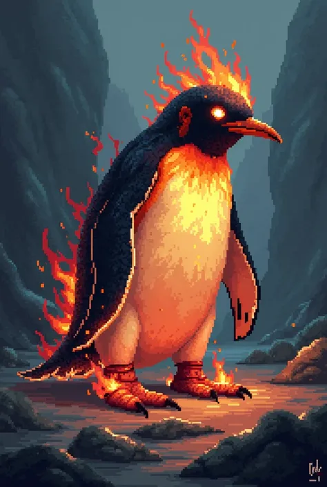 Flaming penguin in the form of a dark fantasy pixel