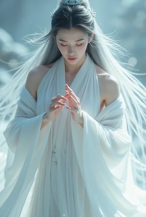  A woman with an ethereal and heavenly aura .  She wears an elegant and simple flowing white hanfu ,  reflecting her humility and grandeur .  She has long hair that falls like a curtain down her shoulders to her waist. Her expressions are calm , cold and e...