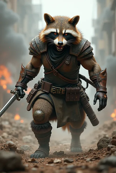 Raccoon with the body of a man at war