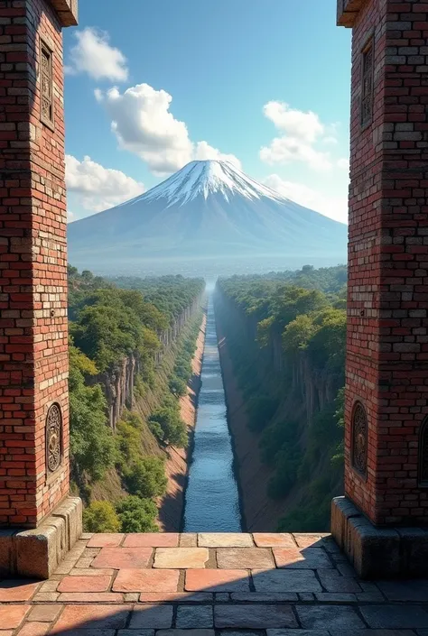 Create an image of brick stands overlooking an aqueduct and the Popocatepetl volcano in the background