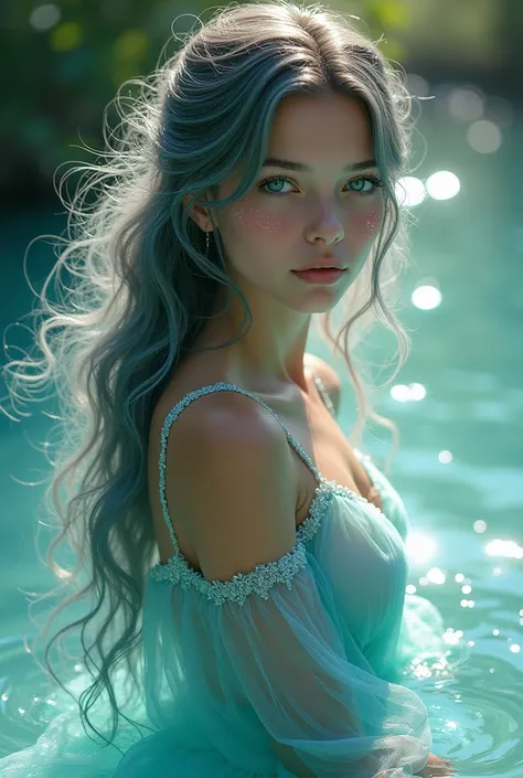  A personification of life ,  embodied in the figure of a girl who radiates purity and vitality ,  as if the same flow of water shaped its existence .  Her skin is luminous ,  with a pearlescent shine that recalls the morning dew ,  and seem to throb with ...