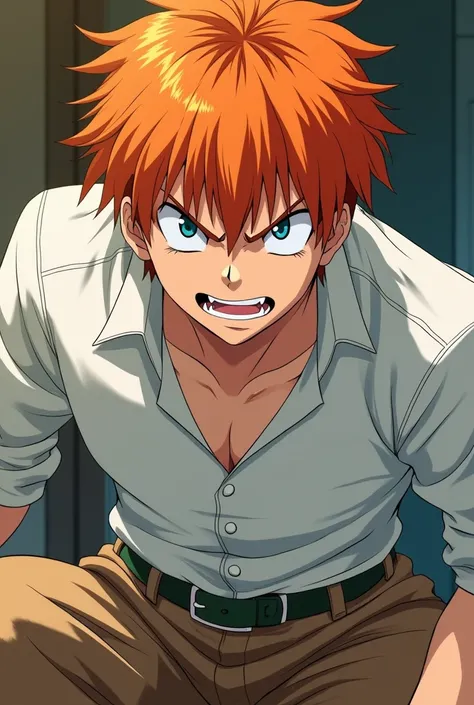 Create an orange-haired character at home with orange a white blouse brown pants on a green belt with a blue eye very angry anime version for men