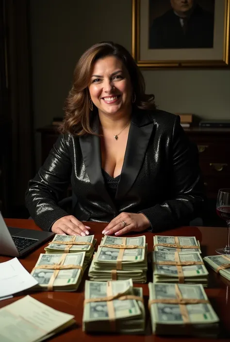 A slightly overweight woman in her late 20s, sitting in a dimly lit room with a stack of £80,000 in cash spread out on a table in front of her. She is dressed in a flashy yet slightly unkempt business suit, her confident smirk hinting at her deceptive natu...