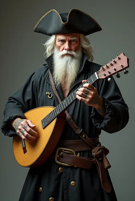 Generate photo of a white-haired man with blond beard , with tattoos on the body, wearing a pirate hat over his head ,  wearing period black clothing and holding a lute as a musical instrument.