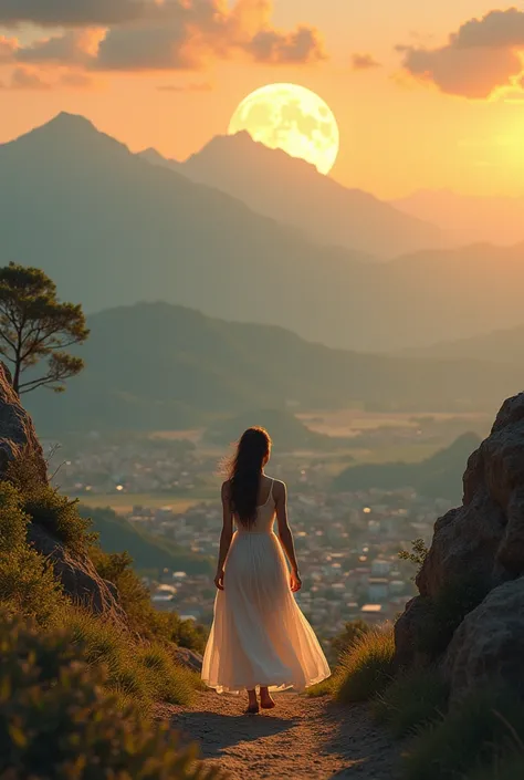  Girl in a white dress walking backwards between Venezuelan mountains and Venezuelan plains San Juan de los Morros Venezuela,  filling up with a town San Juan de los Morros Venezuela , And in front of the full moon at sunset the mountains that are not so h...