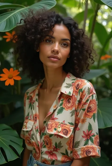  A Brazilian woman in a lush tropical garden, wearing an open shirt with a floral print,  with a close up capturing the harmonious beauty between her breasts and natural flowers,  showing her natural charm and outgoing personality.