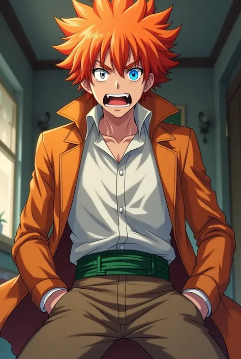 Create an orange-haired character at home with orange a white blouse brown pants with a green belt with a very angry blue eye anime version man in an orange coat with a white eye and a lot of anger