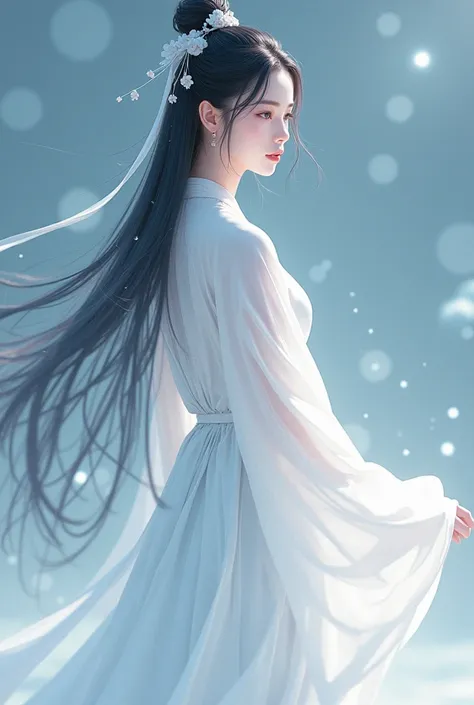  A woman with an ethereal and heavenly aura .  She wears an elegant and simple flowing white hanfu ,  reflecting her humility and grandeur .  She has long hair that falls like a curtain down her shoulders to her waist. Her expressions are calm , cold and e...